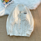 Letter Twists Cardigan Sweater Men New Preppy Grunge Cityboy Knit Jacket Japan Couple Casual V-neck Sweater Coat