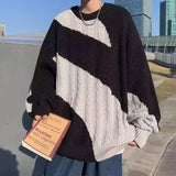 Korean style autumn and winter men and women trend splicing round neck sweater for couples loose retro Harajuku knitted top y2k