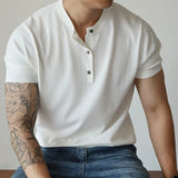 New Fashion American Style Men T-shirt Light Luxury Knitted Henry Collar Tees Casual Solid Color Short Sleeve Breathable Tops