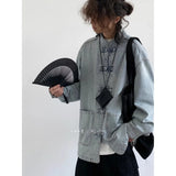 Chinese Style Denim Jacket Spring Autumn Denim Jacket Gradient Washed Japanese Casual Large Pocket New Chinese Tang Style Jacket