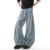 Niche Design Men's Jeans Washing Holes Contrast Color Worn-out Loose Wide Leg Casual Straight Male Denim Pants New