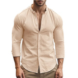 Spring and Summer Men's Shirt Cotton Linen Slim Casual Hawaii Solid Colour Basic Style Breathable Men's Versatile Tops