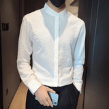 New Men Fashion Seersucker Shirts Long Sleeve Stand Collar Casual Drapped Solid Color Button-down Cardigan Japanese Style Tops