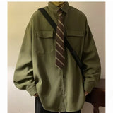 Long Sleeve Shirt Men Fashion Social Mens Dress Shirt Korean Loose Green Black Shirts Mens Pocket Tooling Shirt  Plus Size 4XL