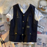 Summer Workwear Vest Men Hong Kong Style High Street Outfit Casual Hip-hop Waistcoat Versatile Loose Sleeveless Jacket