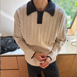 Winter Men's Trending Knitted Lapel Sweater Light Luxury Leisure Patchwork Long Sleeve Pullover Japanese Retro Loose Knitwear