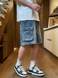 Summer Men's Cargo Denim Shorts Baggy Straight Fashion Casual Wide Leg Short Pants Big Pocket Beach Vacation Short Jeans Male