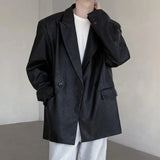 Fashion Men's Suit Casual PU Leather Patchwork Shoulder Padded Solid Color Double Breasted Male Blazers Autumn