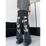Men's Ripped Hole Jacquard Jeans Summer Thin Handsome Casual Pants Unisex High Street Straight Wide Leg Jeans Blue/Black
