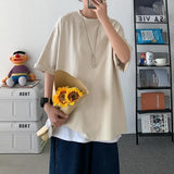 Men's Clothing Oversized Fashionable Street Casual Man Young Style Loose Solid Color Pullovers Round Neck Handsome T-Shirts