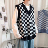 Sweater Vest Men Daily Spring New All-match Students Simple Plaid Fashion Korean Style Knitting V-neck Popular Soft Retro Ins