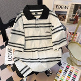 High street hip-hop men and women trendy personalized striped polo short sleeved couple summer loose retro casual Harajuku top