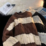 American high street autumn winter men and women trendy personality round neck sweater couple loose striped Harajuku knitted top