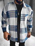Autumn Winter New Men's Blue White Check Long Sleeve Shirt Casual Stand Collar Pocket Warm Jacket Coat Male Laple Blouse