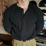 Korean Henry Collar T-shirt Fashion Men Luxury Solid Color Long Sleeve Tops Leisure Light Business Fall Casual Basic Shirt M-3XL