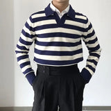 American Chic Striped Men Polo Sweater Luxury Trendy Business V Neck Knit Solid Color Pullover Leisure Slim Long Sleeve Knitwear