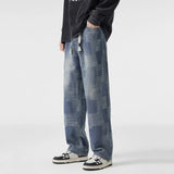 Spring new Men's Jeans Korean Fashion Elastic waist Straight Denim Pants  Washed Cotton Grid diagram Wide Leg Jean Trousers
