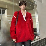 V-neck Men Pullover Sweater Korean Trendy Pleated Contrast Color Baggy Male Knitting Pullovers Spring New Chic