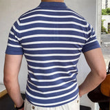 Vintage Turn-down Collar Buttoned Polo Shirts Men Knitting Short Sleeve Slim Polo Tops For Mens Summer Fashion Striped Knit Polo