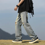 Men's denim pants - Summer American retro straight leg jeans loose and breathable high street fashion ripped casual pants