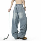 Washing Men's Denim Pants Drawstring Solid Color Casual Elastic Waist Streetwear Wide Leg Loose Male Simple Jeans