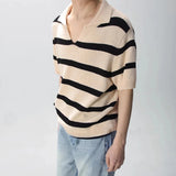 Men's Clothing Chic Seagull Collar Striped Polo Shirt Casual Knitted Short Sleeve T-shirts Korean Style Vintage Breathable Tops