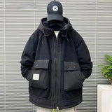 Winter Men's Jacket Japan Style Cargo Spliced Lamb Wool Thick Parkas Workwear Large Pocket Padded Coat Oversized Hooded Top