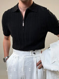 Zipper Knitted Short-sleeved Polo Shirt Men Summer American Retro Commuting Loose Vertical Striped Pit Strip Lapel T-shirt Men