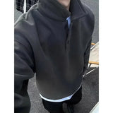 Deep Grey Polo Collar Sweatshirt Men's Spring Autumn Long Sleeve Turn Collar American Retro Jacket Loose Fit Casual Wear