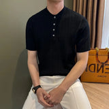 New Fashion American Style Men T-shirt Luxury Jacquard Knitted Henry Collar Tees Casual Solid Color Short Sleeve Breathable Tops