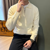 Autumn Casual Men Polo Sweater Light Luxury Zip-up Solid Color Long Sleeve Knitted Pullover Daily Commuting Basic Knitwear M-3XL