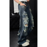 Mens Loose Fit Straight Leg Jeans Dark Blue Ripped Distressed Trendy Streetwear Fashion Casual Urban Denim Pants Hip Hop Style