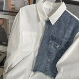 Autumn Men's Clothing Luxury Patchwork Denim Shirt Retro Solid Color Button-down Long Sleeve Streetwear Popular Clothes