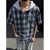 Summer Short Sleeved Shirt Men Fashion Retro Casual Hooded Shirt Men Streetwear Korean Loose Plaid Shirts Man Large Size 4XL
