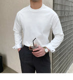 New Autumn Fashion Men T-shirt Light Luxury Solid Color Long Sleeve Tops Leisure Streetwear Casual O Neck Basic Shirts M-3XL