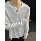 Autumn White Long Sleeved T-shirt Men Fashion Black V-neck T-shirt Men Japanese Streetwear Hip-hop Loose Plaid T Shirt Mens Top
