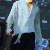 Stylish Men's Tops See-through Fabric Pearl Decoration Shirts Casual Clubwear Male Hot Selling Thin Long Sleeved Blouse