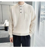 Korean Popular Men's Henry Collar Sweater Light Luxury Knit Long Sleeve Button Pullover Trending Jacquarded Solid Color Knitwear