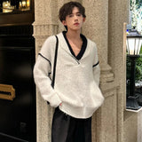 V-neck Men Pullover Sweater Korean Trendy Pleated Contrast Color Baggy Male Knitting Pullovers Spring New Chic