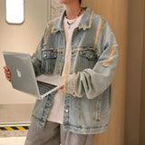 Men's Ripped Denim Jacket Autumn American Retro Washed Hip Hop Streetwear Cool Trendy Loose Casual Jacket Button Up Jeans Coat