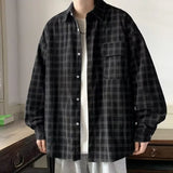 Autumn Plaid Corduroy Men Shirts New Y2K Streetwear Workwear Blouses Retro Long Sleeve Cargo Shirt Loose Casual Tops