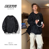 Men Women Tie-dye Long-sleeved T-shirt American O-neck Streetwear Spring Summer Hip-hop Hole Casual Loose Tops Black/White