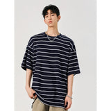 Summer Short Sleeved T-shirt Men Fashion Casual Striped T Shirt Men Streetwear Korean Loose White Tshirt Mens Top Plus Size 4XL