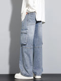 New Men's Baggy Straight Cargo Jeans Elastic Waist Vintage Blue Black Smoky gray Denim Pants Fashion High Street Male Trousers