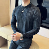 Cotton Striped T Shirt Gradient Mock Neck Men Slim Fit Tshirt Male Office Business T shirts Man Casual Long Sleeve Top Tees