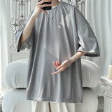 Ice Silk Striped Oversized Cool T Shirts Men Summer Half Sleeve Fashion Harajuku T-Shirt Male Solid Simple Daily Casual Tees