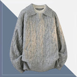 Korean Luxury Jacquard Men Polo Sweater Loose V Neck Knit Solid Color Pullover Casual Premium Quality Long Sleeve Knitwear M-3XL