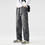 Spring new Men's Jeans Korean Fashion Elastic waist Straight Denim Pants  Washed Cotton Grid diagram Wide Leg Jean Trousers