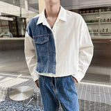 Daily Streetwear Mens Denim Patchwork Shirt Clothes Fashion Turn-down Collar Long Sleeve Button Shirts For Men Fall Casual Tops