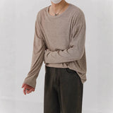 Korean Fashion Men T-shirt Luxury Knitted Solid Color Scoop Neck Long Sleeve Tees Casual Premium Quality Textured Knitwear M-3XL